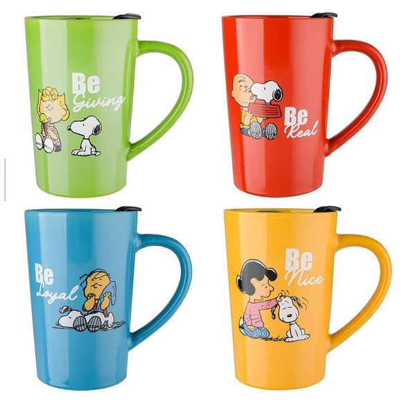 GIBSON PEANUTS GENTLE REMINDERS 18 OZ TRAVEL COFFEE TEA MUGS LID SET OF 4